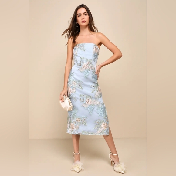 Lulus Upgraded Event Blue Jacquard Strapless Bustier Midi Dress S Wedding Party - Picture 2 of 10